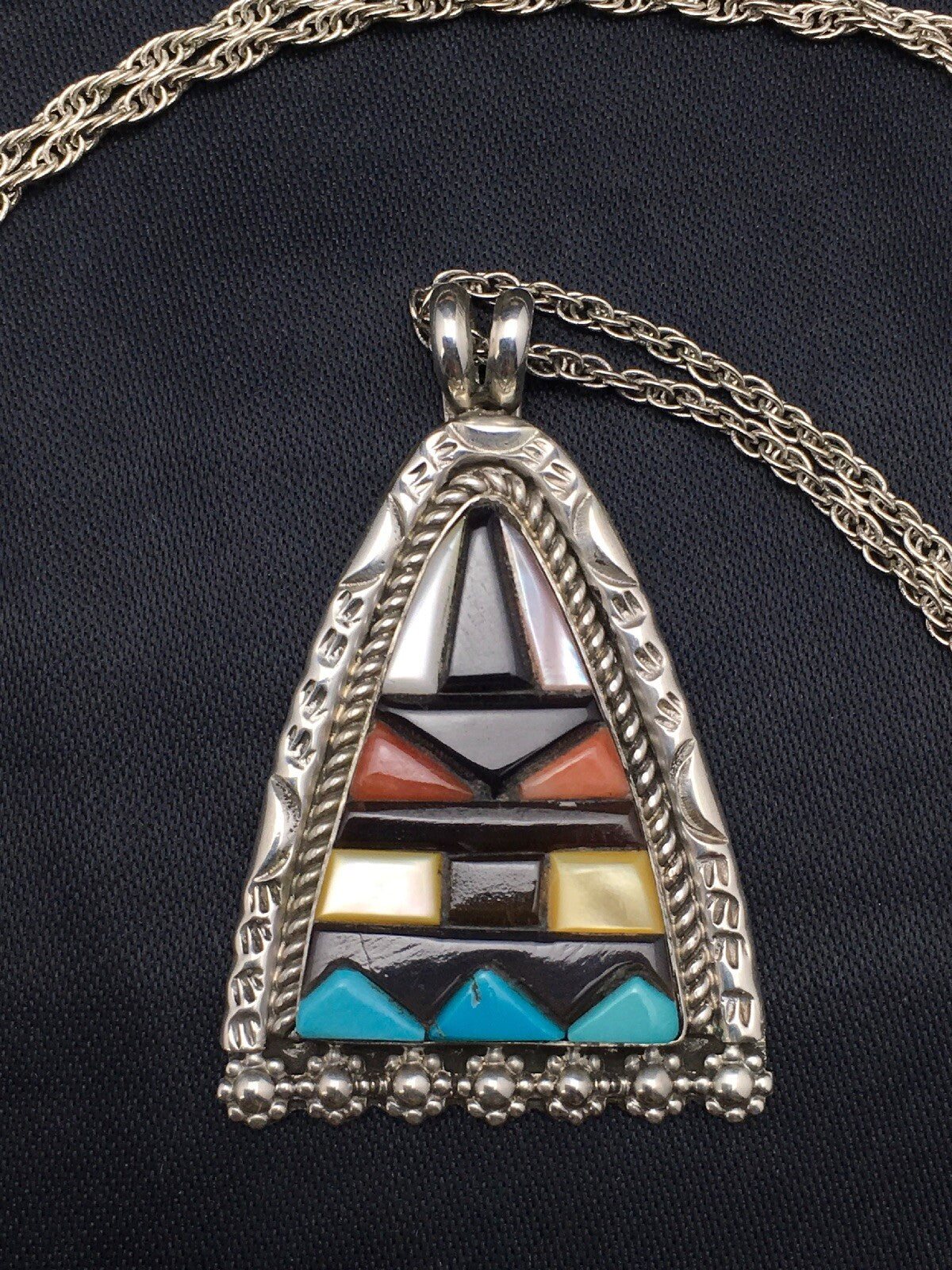 Turquoise Multi-Color Pendant Navajo Indian Sterling Silver Necklace 4093