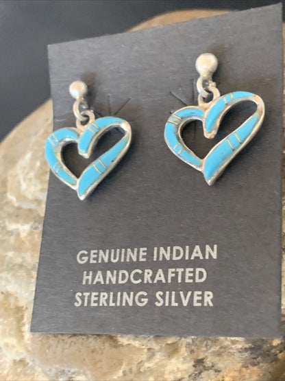 Navajo Blue Turquoise Heart Sterling Silver Dangle Post Earrings 0.5" 12716