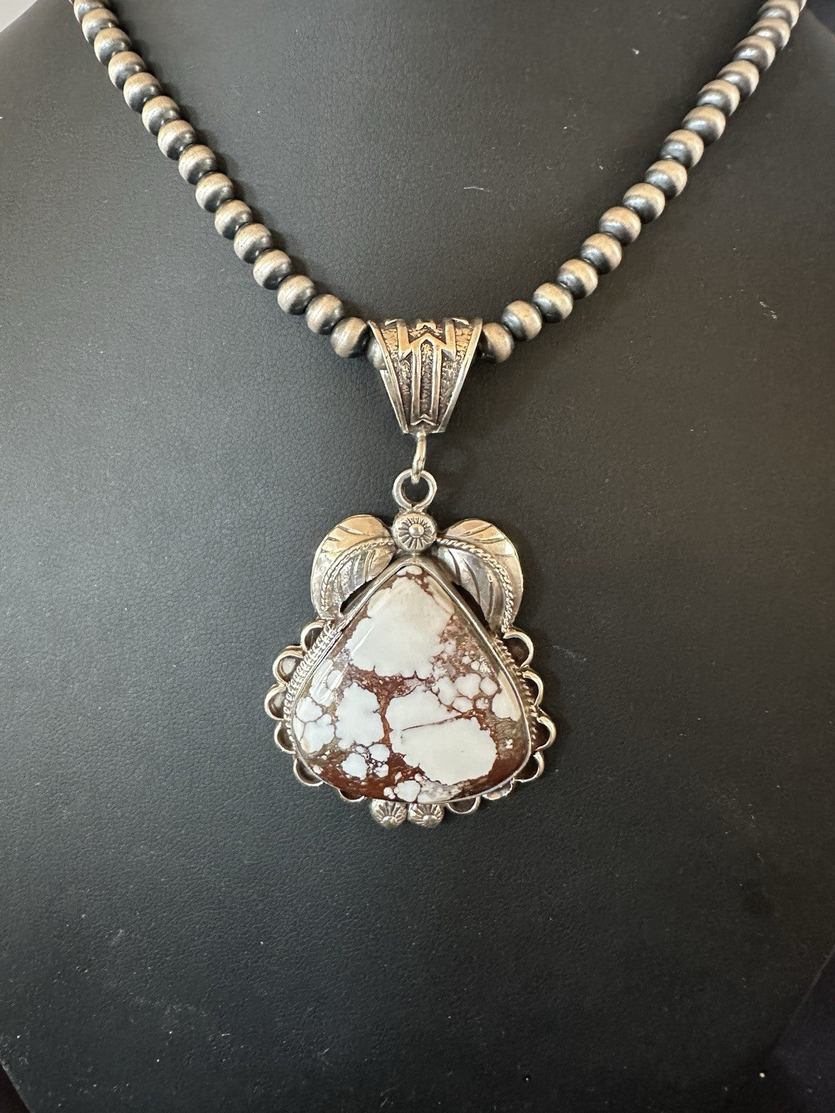 Navajo Pearls Sterling Silver Wild Crazy Horse Turquoise Necklace Pendant 19391