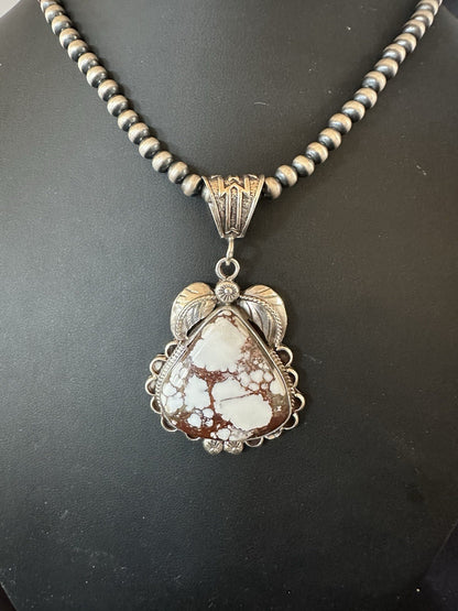 Navajo Pearls Sterling Silver Wild Crazy Horse Turquoise Necklace Pendant 19391