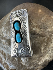 Men's Blue Turquoise Navajo Stainless Stamped Silver Money Clip | Authentic Native American Handmade | 19366