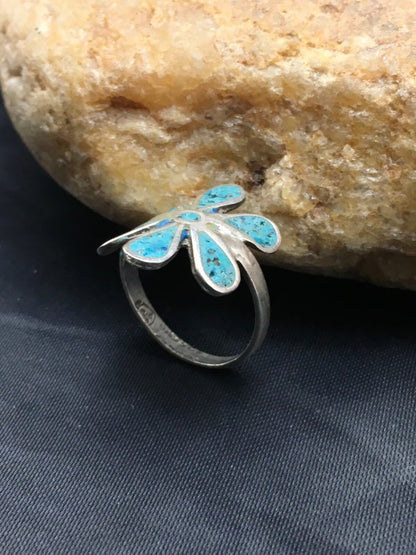 Navajo Blue Turquoise Flower Ring Sterling Silver 6.75 03076