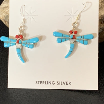 Dragonfly Blue Turquoise Coral MOP Inlay Sterling Silver Earrings 1" 13318