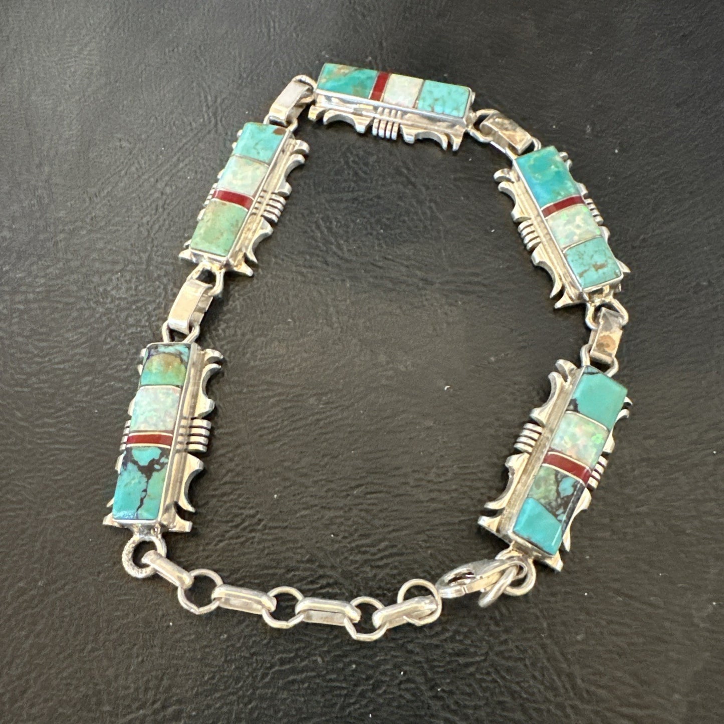 A Womens Blue Turquoise Opal Navajo Sterling Silver Link Bracelet 9" 19791