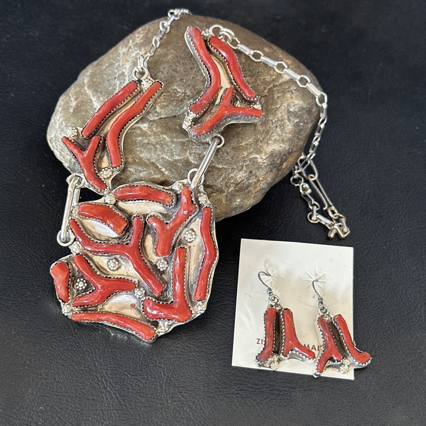 Branch Real Coral Zuni Inlay Sterling Silver Necklace Earrings 21" Set 19276