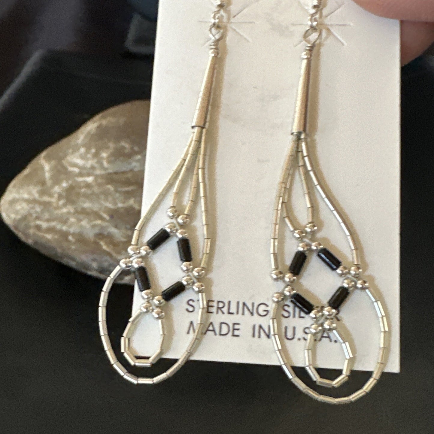 Black Onyx 2 Strands Heishi Liquid Sterling Silver Dangle Earrings 17935