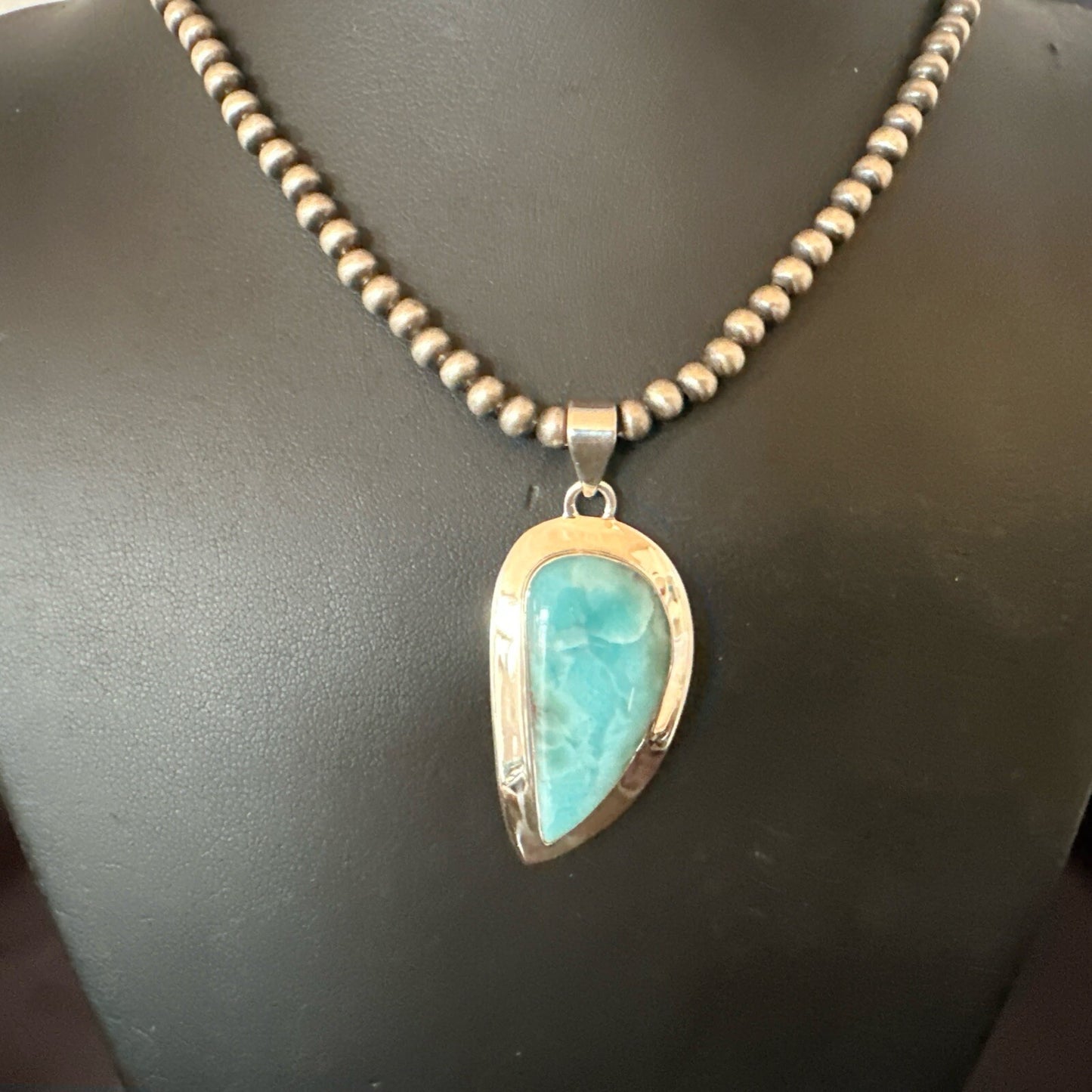 Womens Blue Larimar Pendant Navajo Sterling Silver Beads Necklace 17716