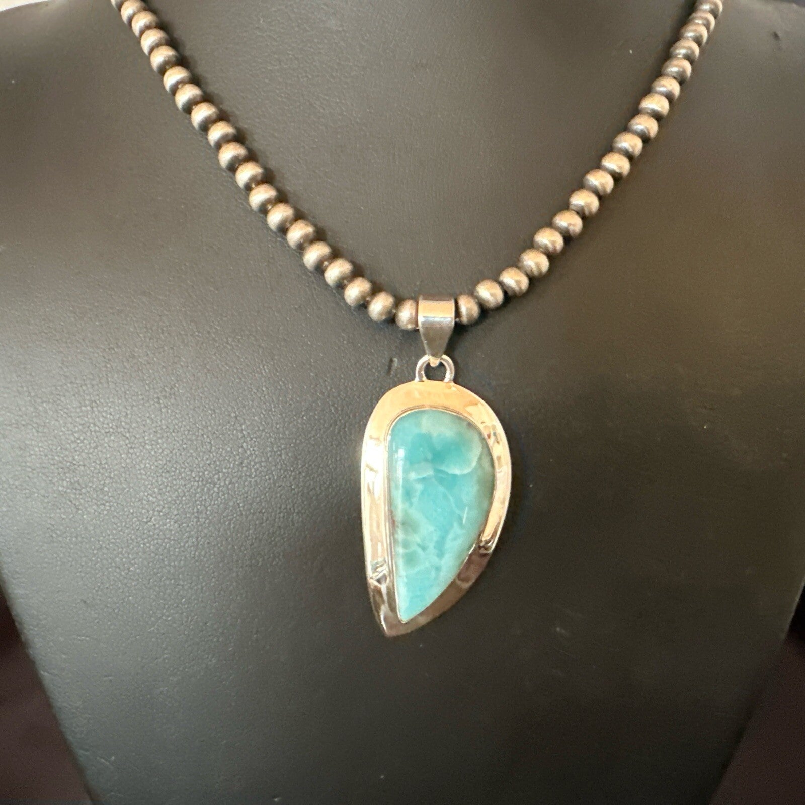 Womens Blue Larimar Pendant Navajo Sterling Silver Beads Necklace 17716