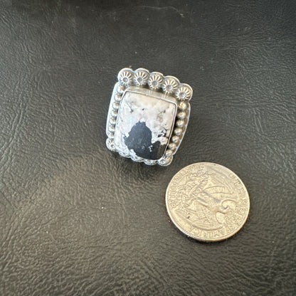 White Buffalo Turquoise Navajo Sterling Silver Ring Size 8 18775