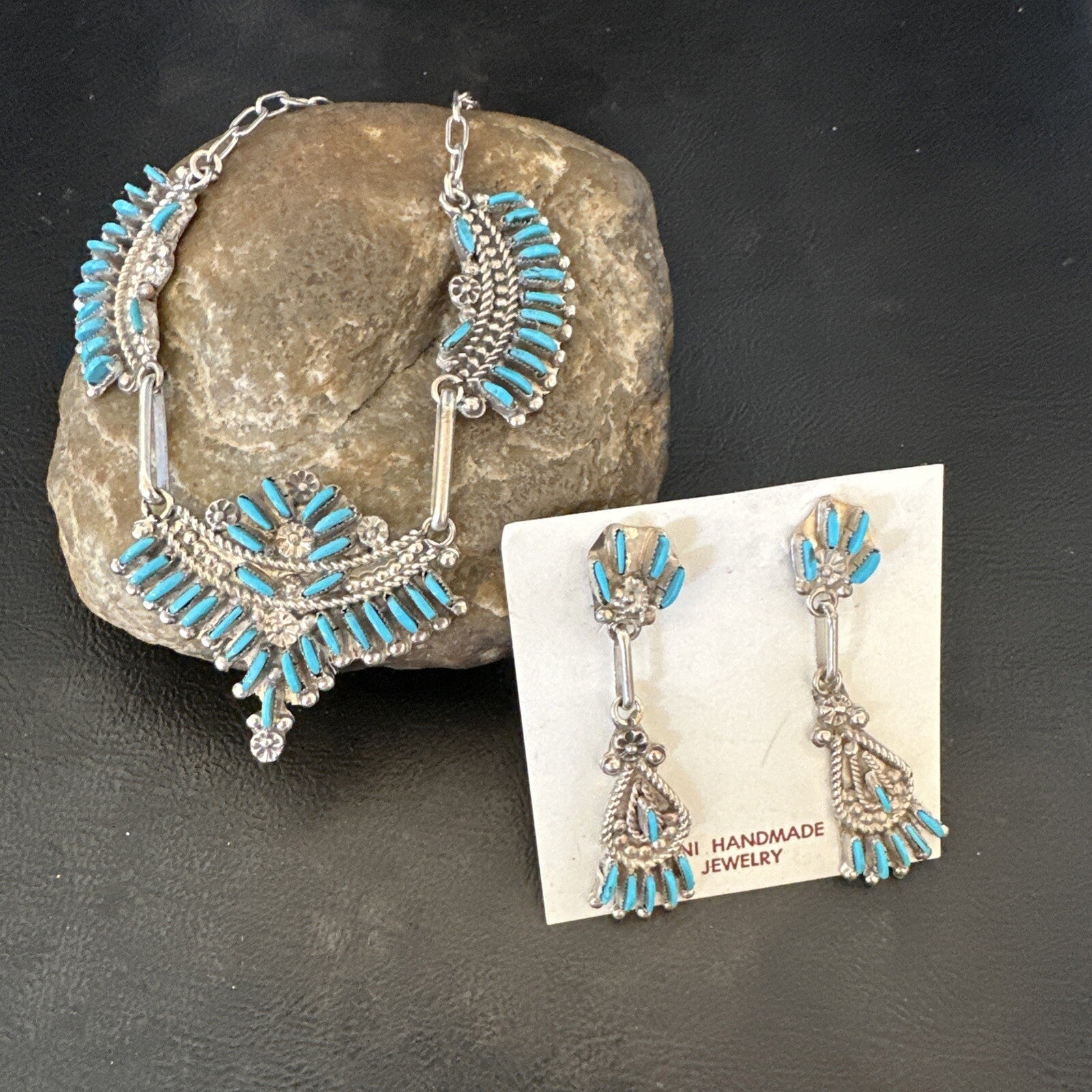 ZUNI Blue Turquoise Sterling Silver Beads Needlepoint Necklace Earrings 18595