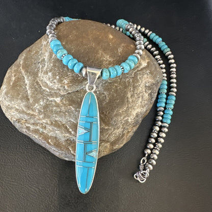 Blue Turquoise Pendant Navajo Pearls Sterling Silver Necklace 15425