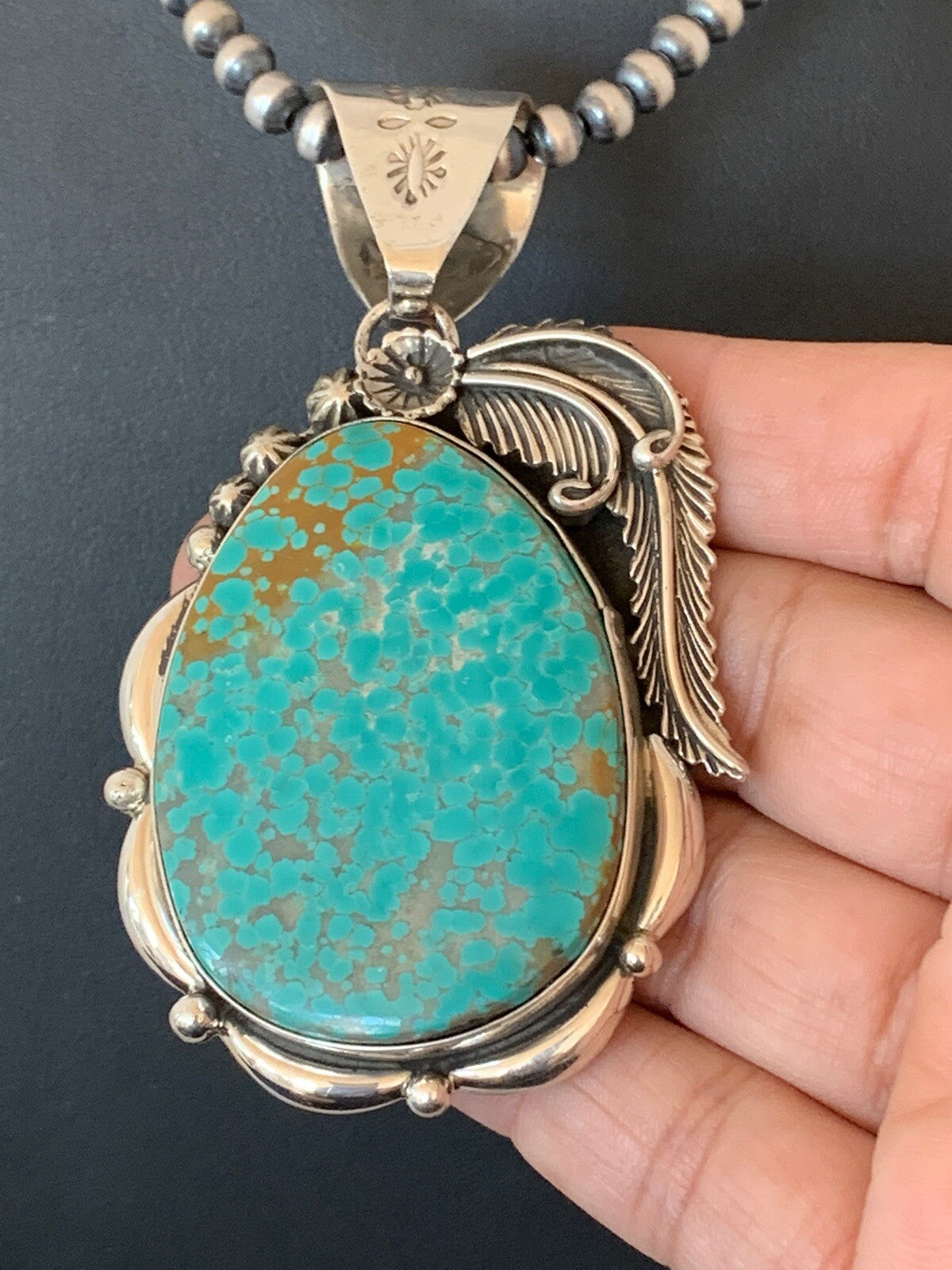 Mens Turquoise #8 Pendant Navajo Sterling Silver Beads Necklace 04619