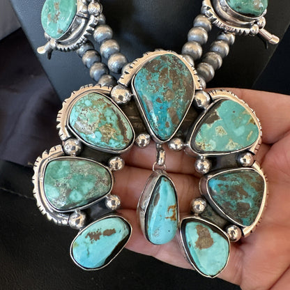 Green Royston Turquoise Navajo Squash Sterling Silver Naja Necklace 18236