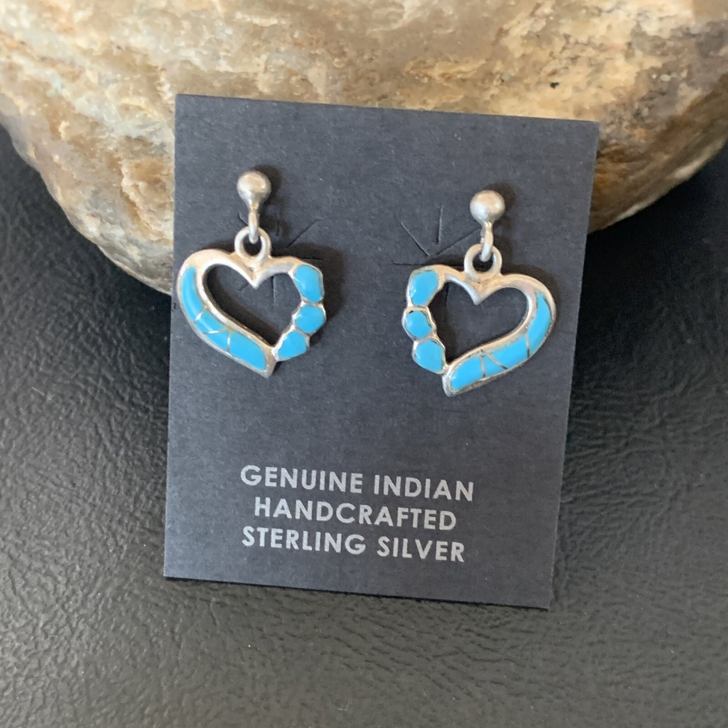 Blue Turquoise Heart Navajo Sterling Silver Dangle Post Earrings 0.5" 12717