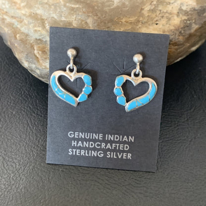 Blue Turquoise Heart Navajo Sterling Silver Dangle Post Earrings 0.5" 12717