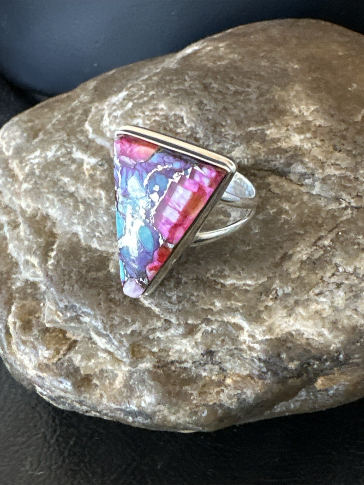Blue Turquoise Spiny Oyster Southwestern Sterling Silver Ring Size 9 18544