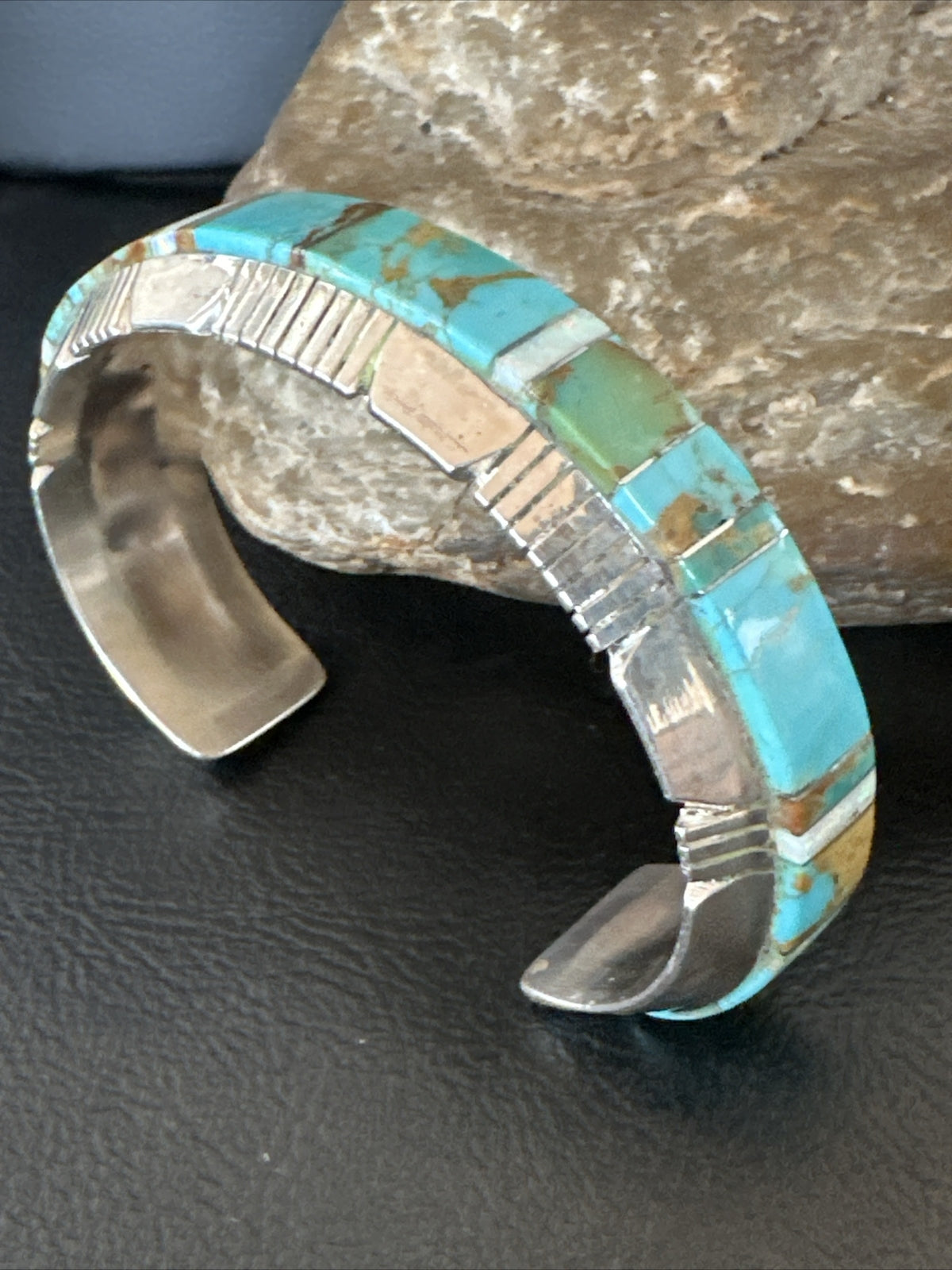 Blue Turquoise Opal Navajo Sterling Silver Cuff Inlay Bracelet 17958