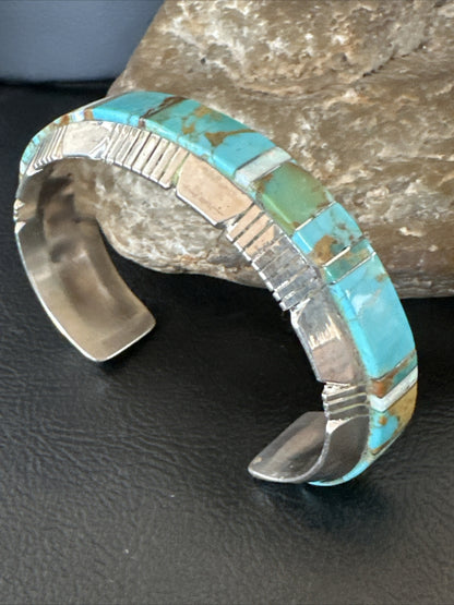 Blue Turquoise Opal Navajo Sterling Silver Cuff Inlay Bracelet 17958