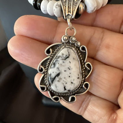 White Buffalo Turquoise Pendant Howlite Navajo Sterling Silver Necklace 24”18724