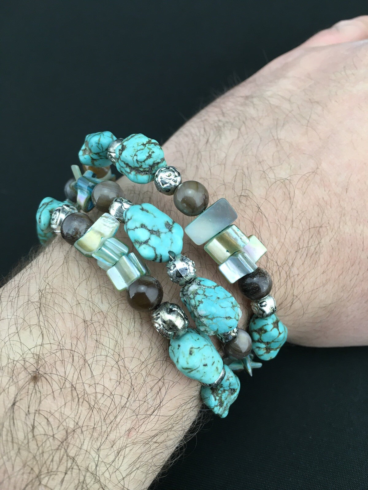 Blue Turquoise Navajo Stainless Steel Wire Bracelet 01318
