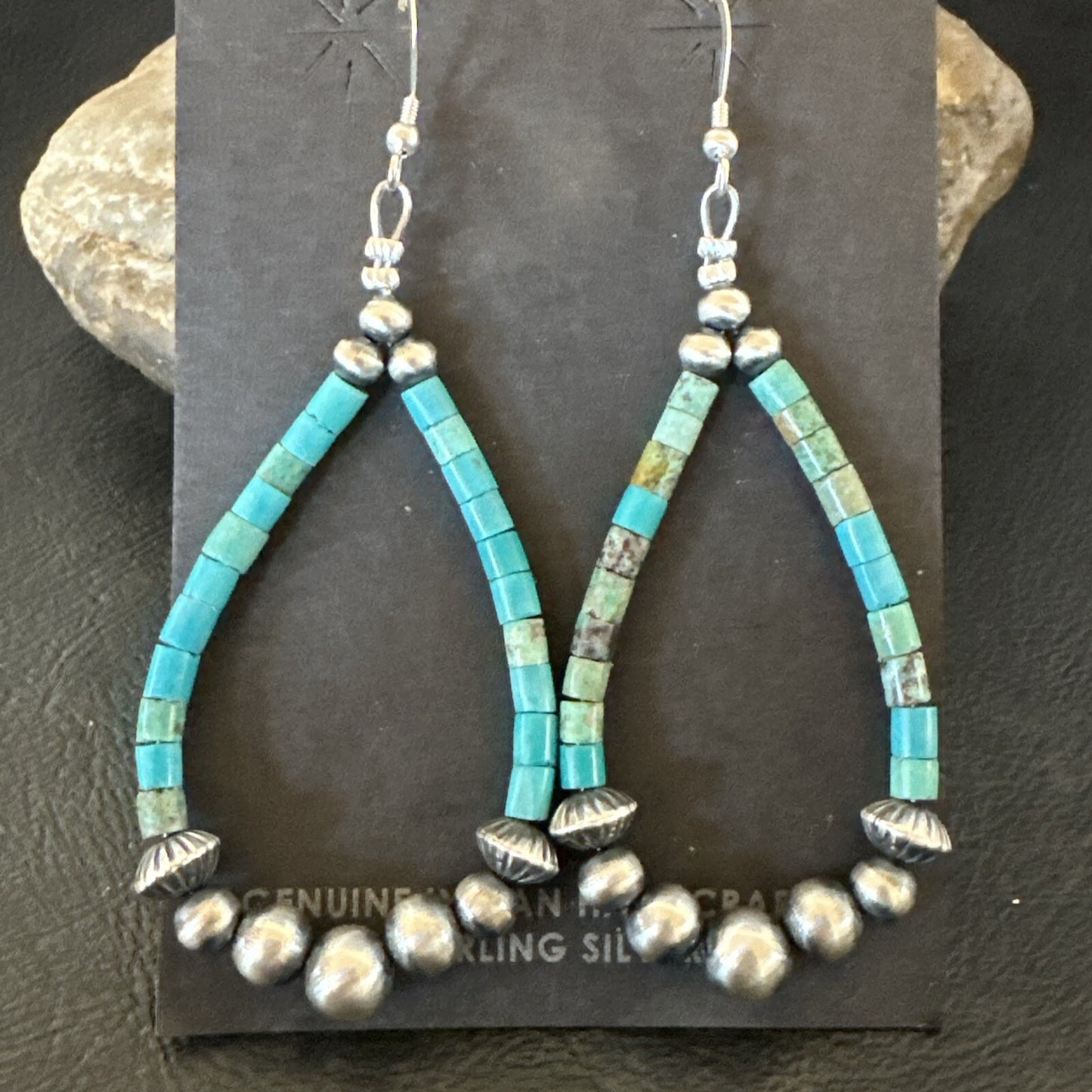 Blue Turquoise Heishi Sterling Silver Beads Navajo Beads Earrings 2" 17873