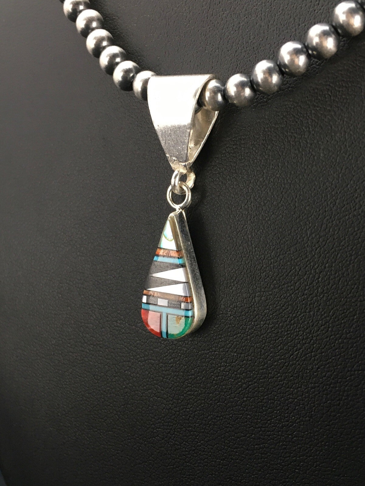 Turquoise MultiStone Inlay Pendant Sterling Silver Bead Necklace 1.75" 02705