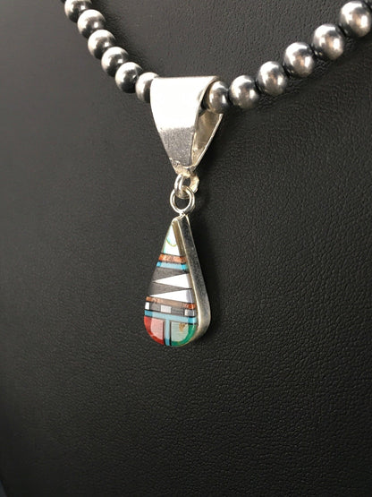 Turquoise MultiStone Inlay Pendant Sterling Silver Bead Necklace 1.75" 02705