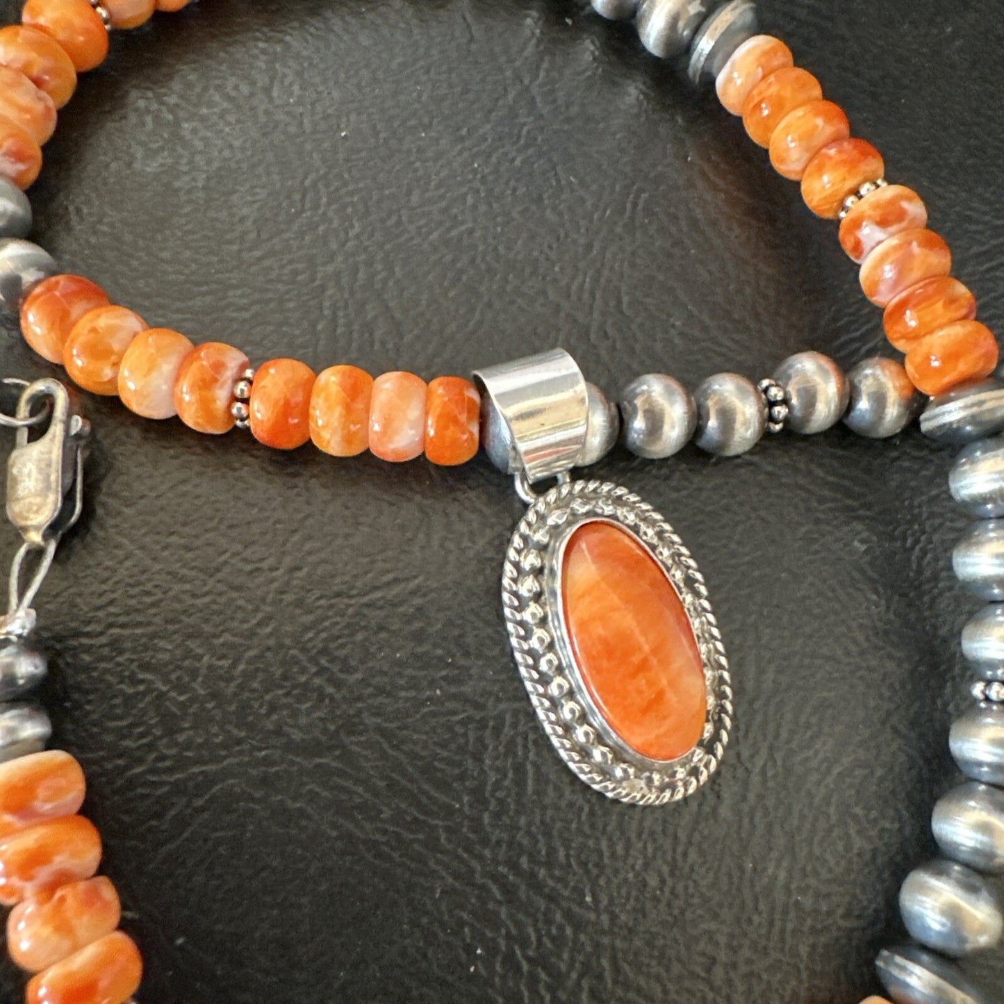 Orange Spiny Oyster Navajo Pearls Sterling Silver  Necklace Pendant 18679