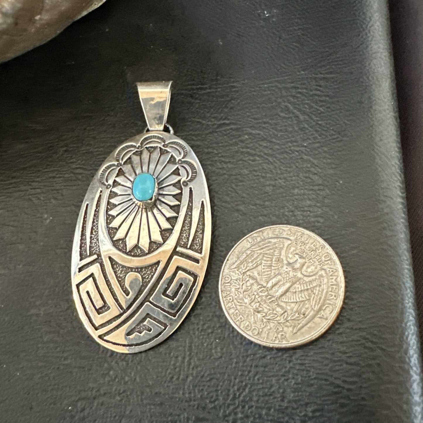 Hopi Native American Turquoise Pendant  Stamped Sterling Silver 2.5” 19686