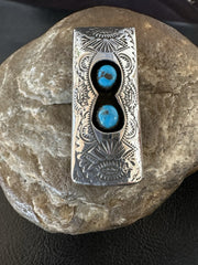 Men's Blue Turquoise Navajo Stainless Stamped Silver Money Clip | Authentic Native American Handmade | 19367