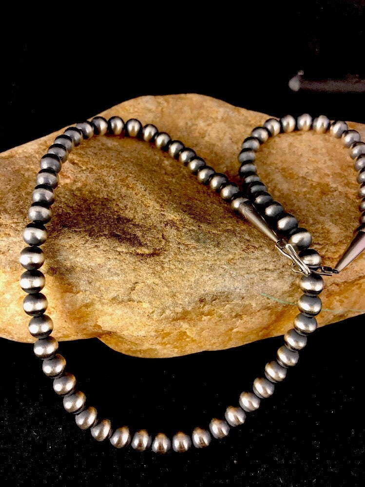 Native American 5mm Sterling Silver Beads Navajo 20" Hook & Eye Cone Necklace