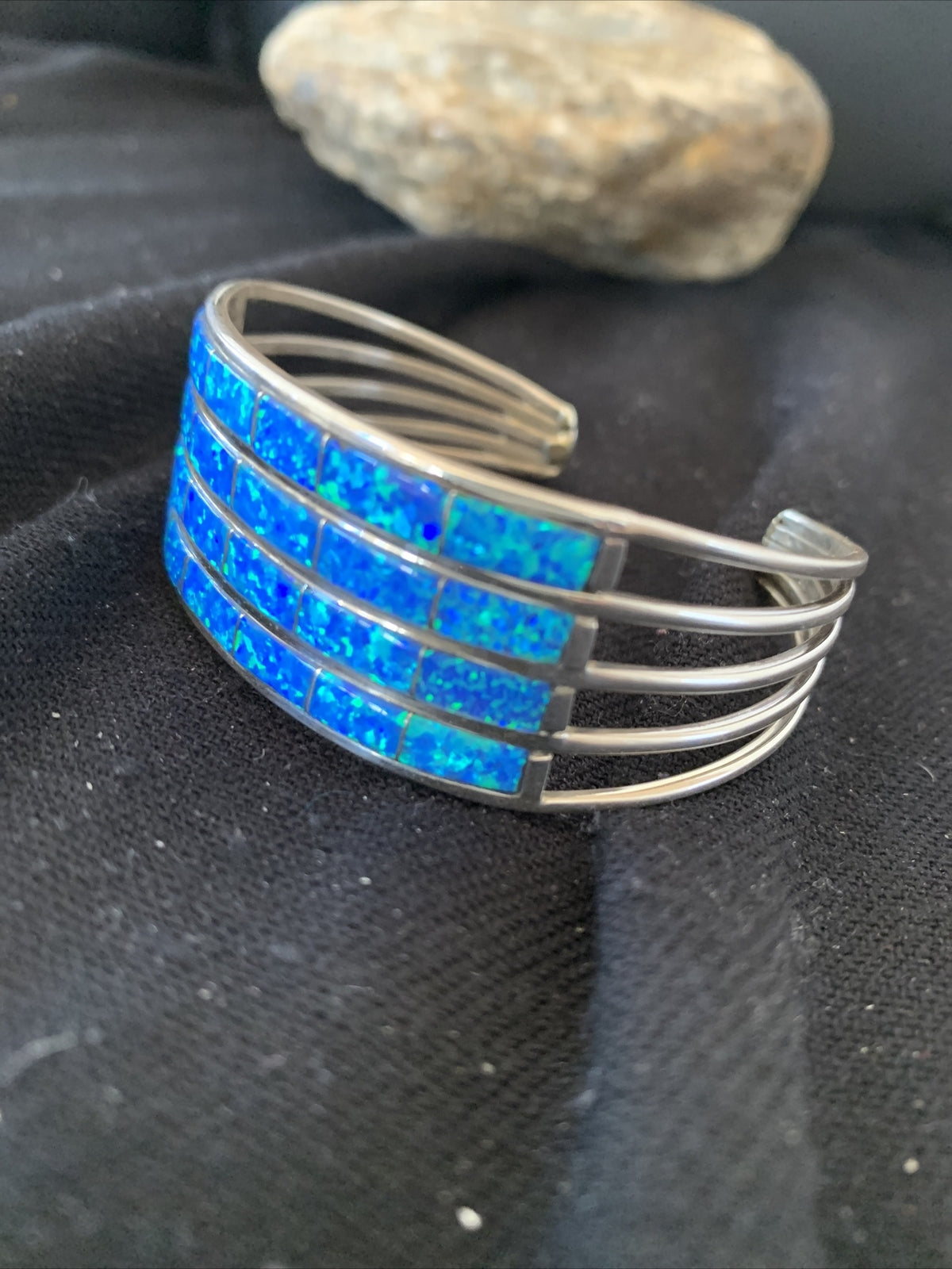 Blue Faux Opal Southwestern Zuni Sterling Silver Cuff Inlay Bracelet 01028