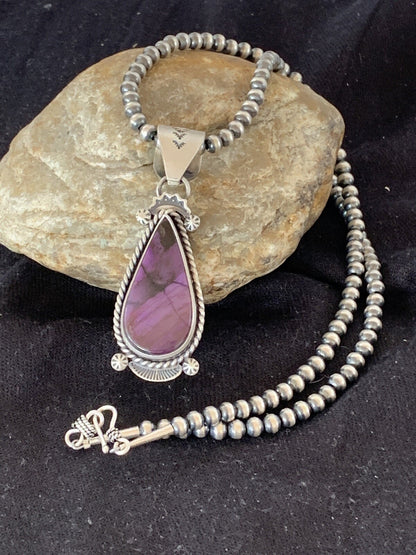 Purple Stone Pendant Navajo Pearls Sterling Silver Necklace 04928