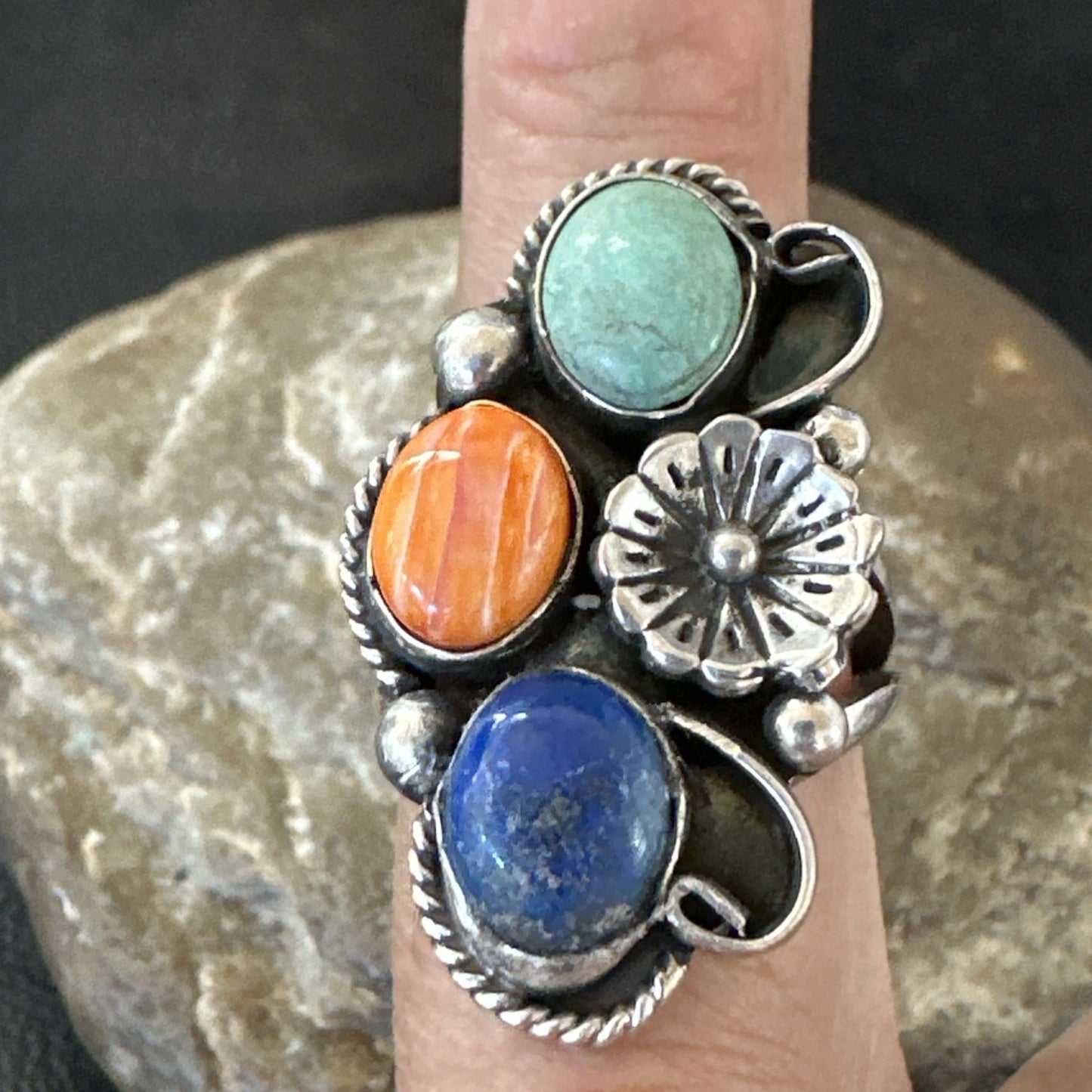 Yazzie Ring Turquoise Lapis Spiny Navajo Sterling Silver Cluster Sz 8.5 19315