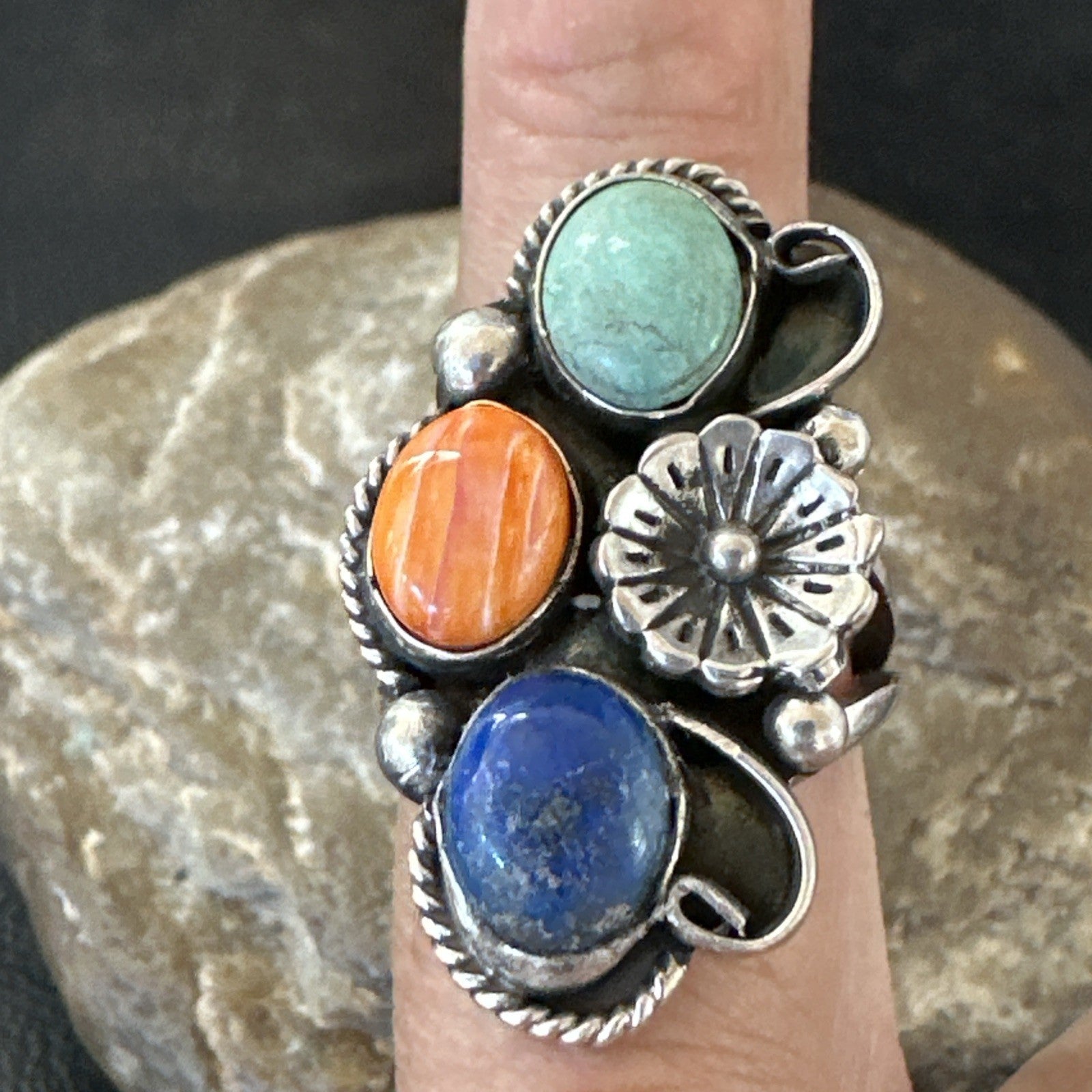 Yazzie Ring Turquoise Lapis Spiny Navajo Sterling Silver Cluster Sz 8.5 19315