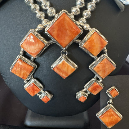 Orange Spiny Oyster Sterling Silver Squash Blossom Necklace 26" Earrings 19074