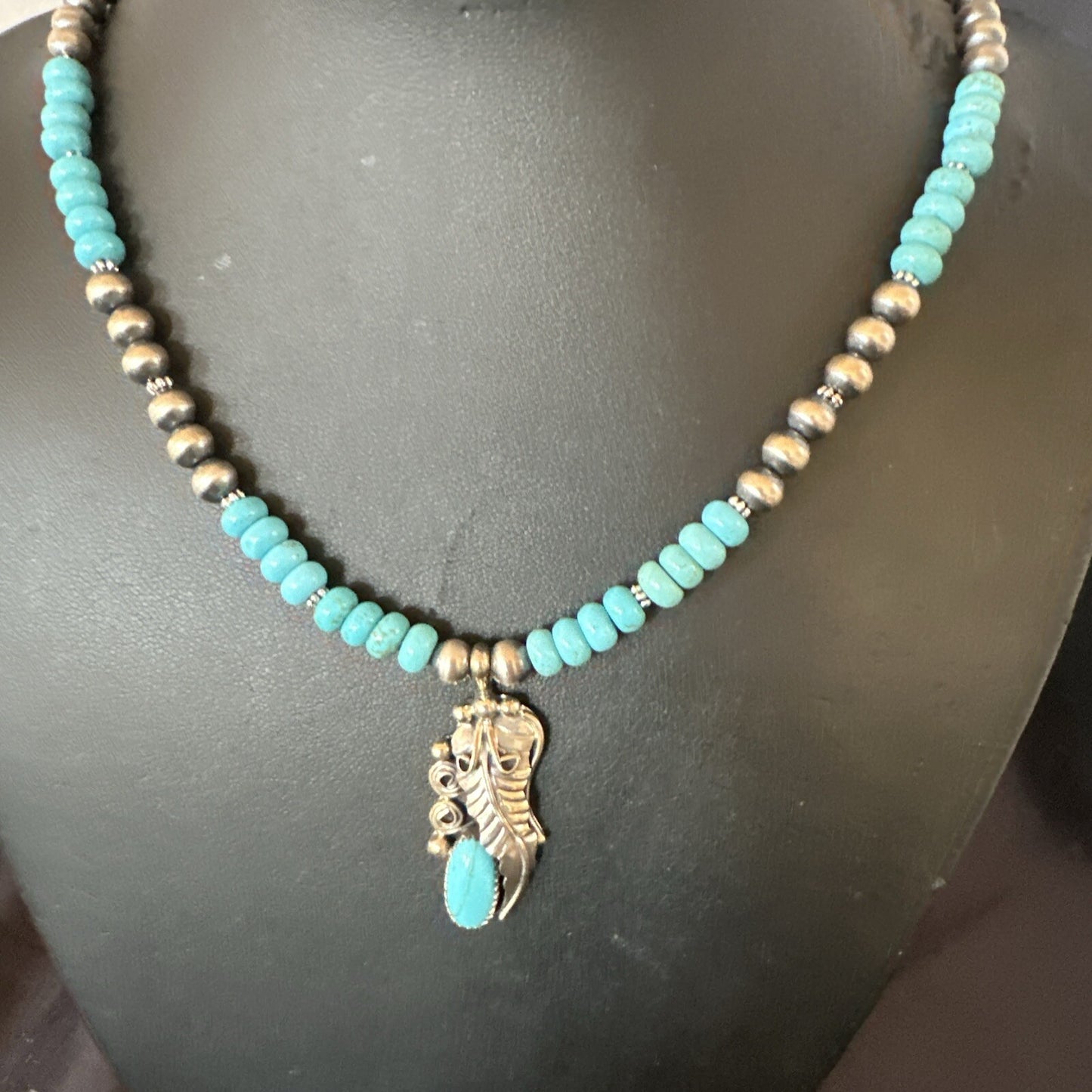 Mens Feather Turquoise Pendant Navajo Sterling Silver Necklace 18061