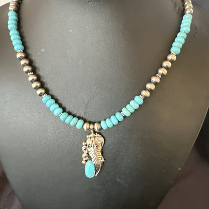 Mens Feather Turquoise Pendant Navajo Sterling Silver Necklace 18061