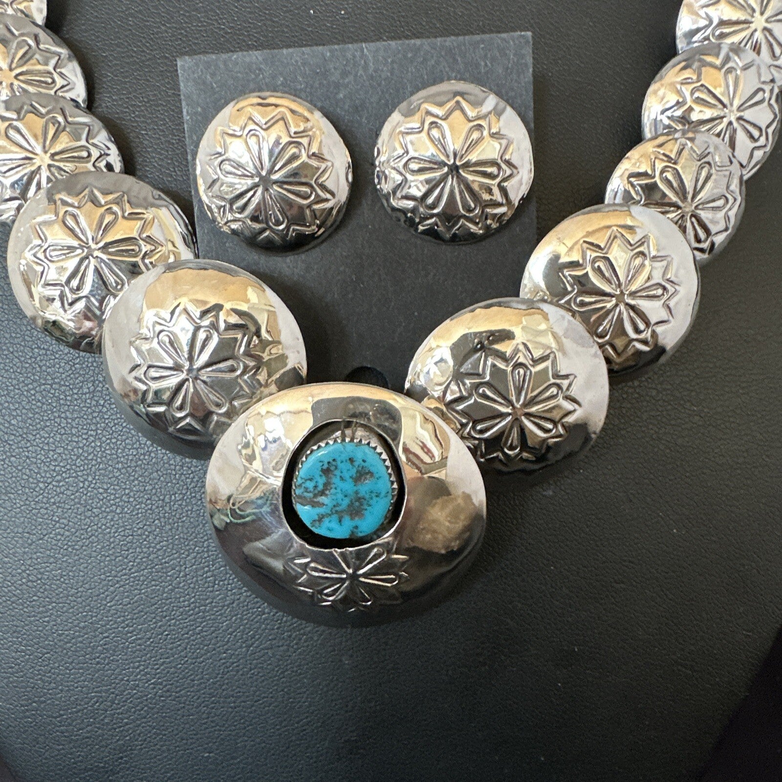 Native Navajo Sterling Silver Turquoise Pillow Stamped Bead Necklace 15132