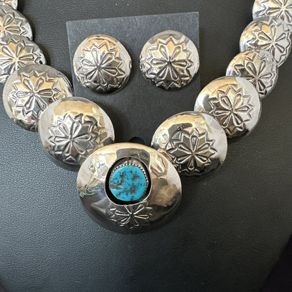Native Navajo Sterling Silver Turquoise Pillow Stamped Bead Necklace 15132