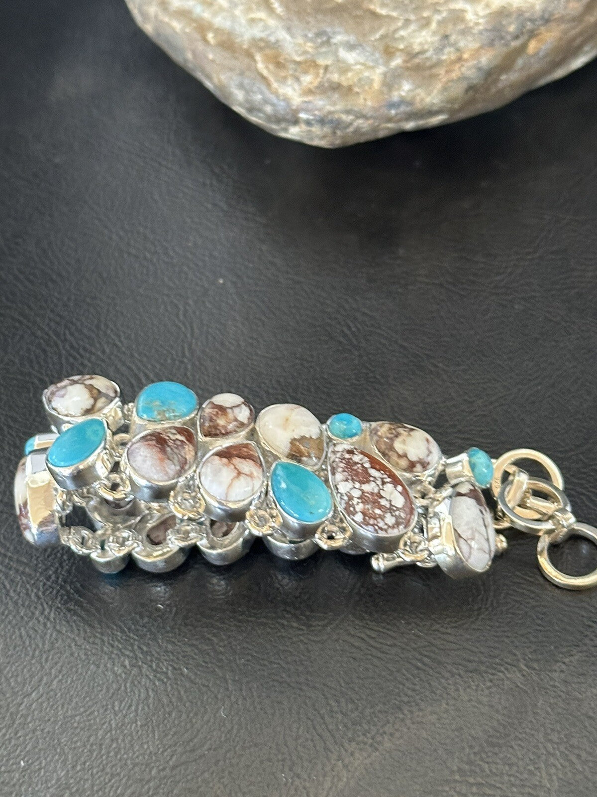 WoMen Blue Wild Horse Turquoise Sterling Silver Southwestern Link Bracelet 17973