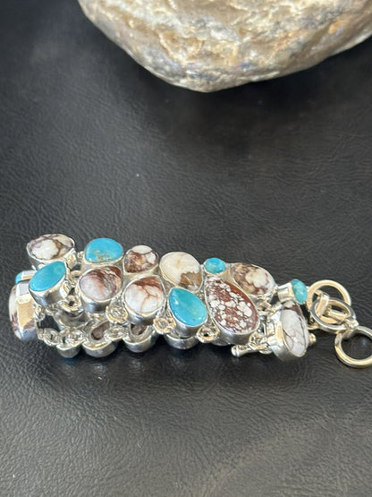 WoMen Blue Wild Horse Turquoise Sterling Silver Southwestern Link Bracelet 17973