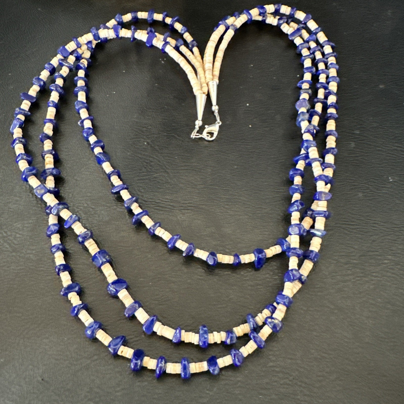 Blue Lapis Lazuli Tan Shell 3 Strand Navajo Sterling Silver Necklace 21” 19703