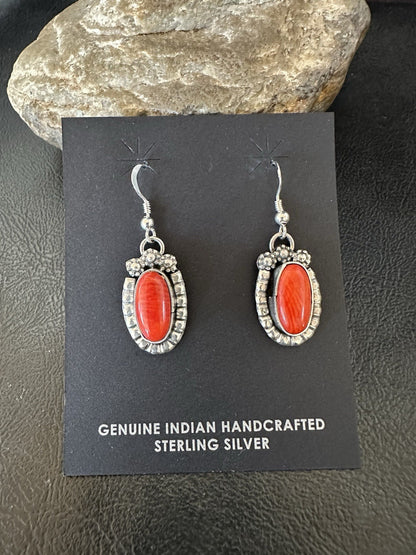 Handmade Red Coral Sterling Silver Navajo Dangle Earrings Yazzie 19534