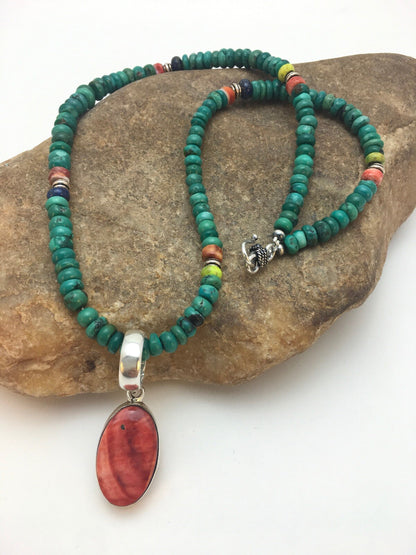 Turquoise & Spiny Oyster Pendant Pueblo Sterling Silver Necklace 08910
