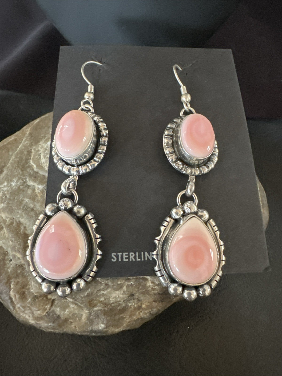 Yazzie Pink Queen Conch Navajo Sterling Silver Dangle Earrings 19321