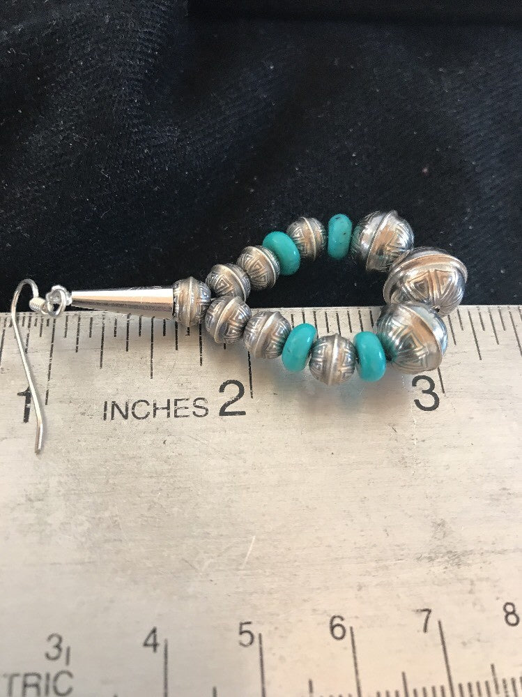 Native Sterling Silver Stamped Turquoise Bead Earrings 10090