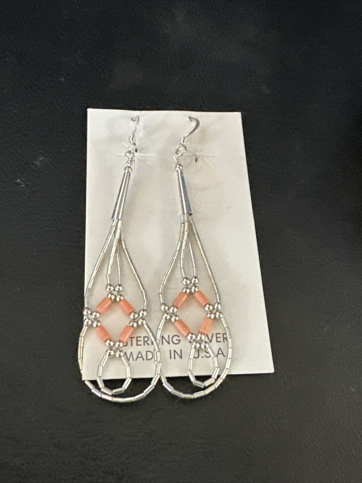 Pink Coral 2 Strands Heishi Liquid Sterling Silver Dangle Earrings 2" 17983