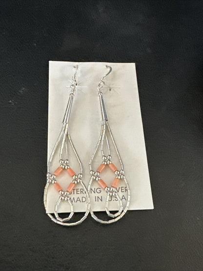 Pink Coral 2 Strands Heishi Liquid Sterling Silver Dangle Earrings 2" 17983
