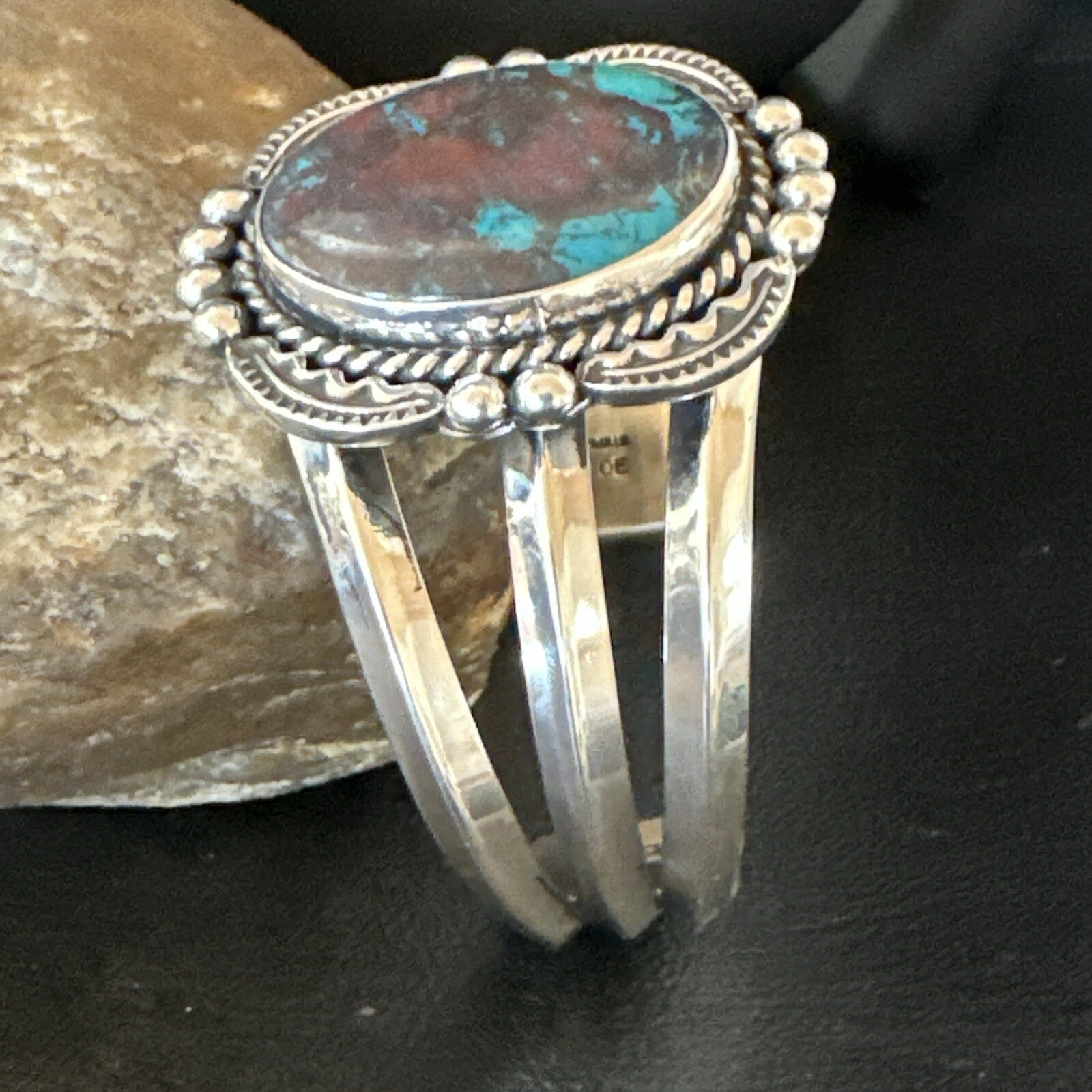 Navajo Blue TURQUOISE Stamped Sterling Silver Cuff Bracelet 18715
